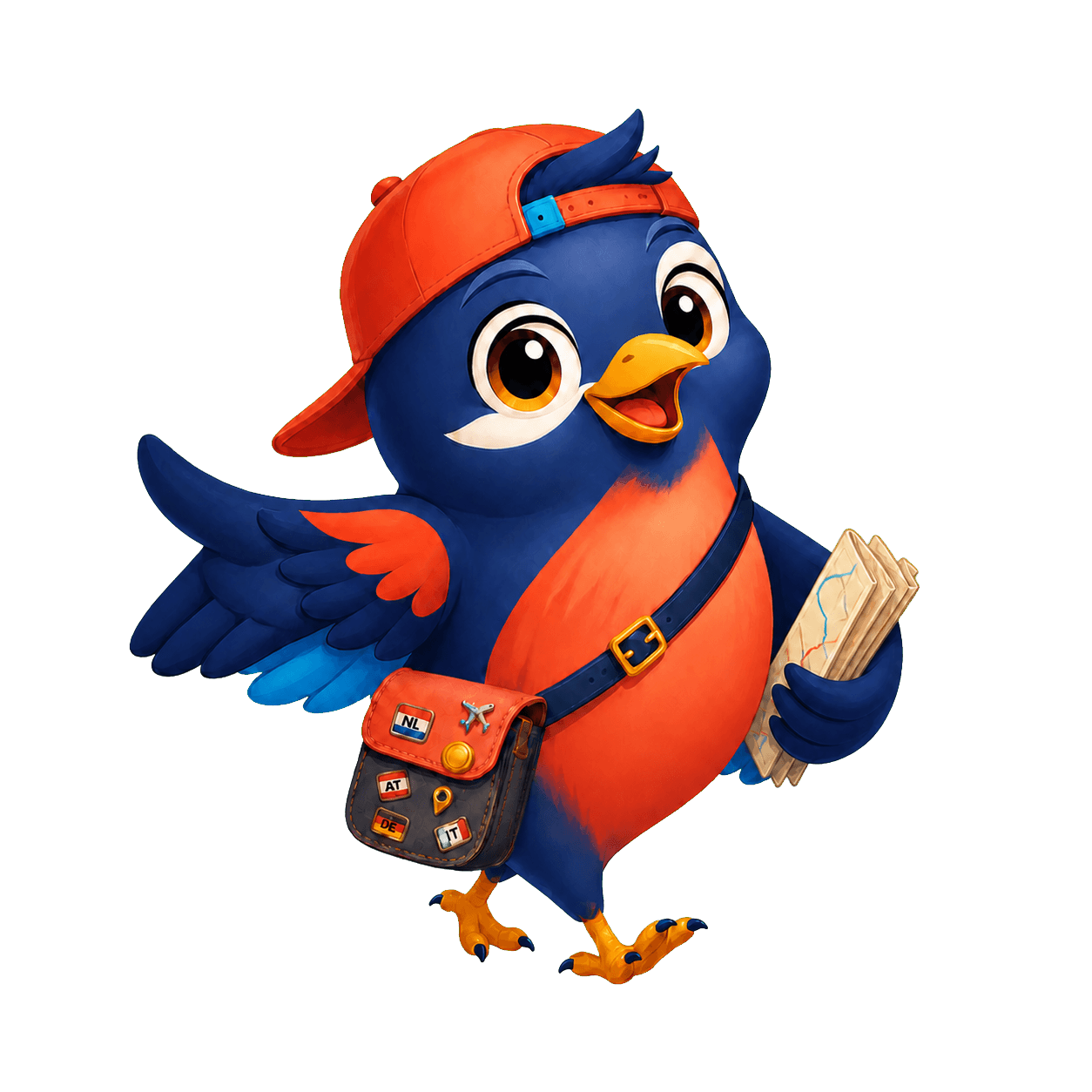 Pip the Pinbird holding a folded travel map