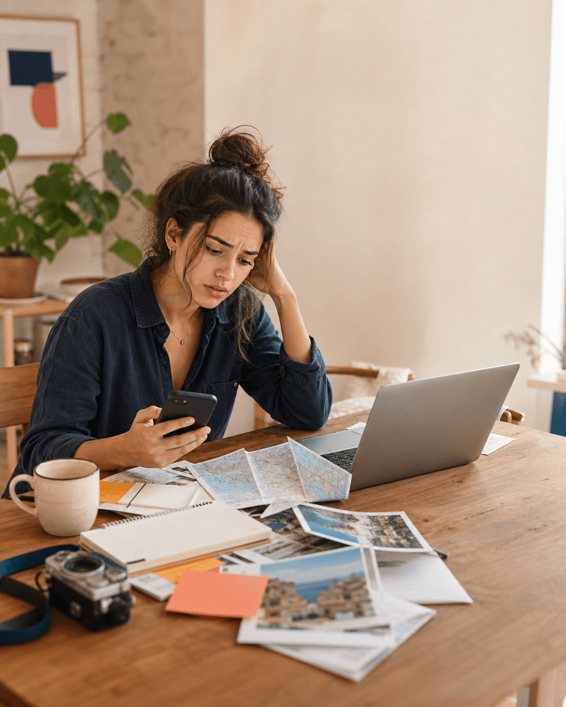 A young woman trying to sort travel ideas saved across her phone, maps, and notes