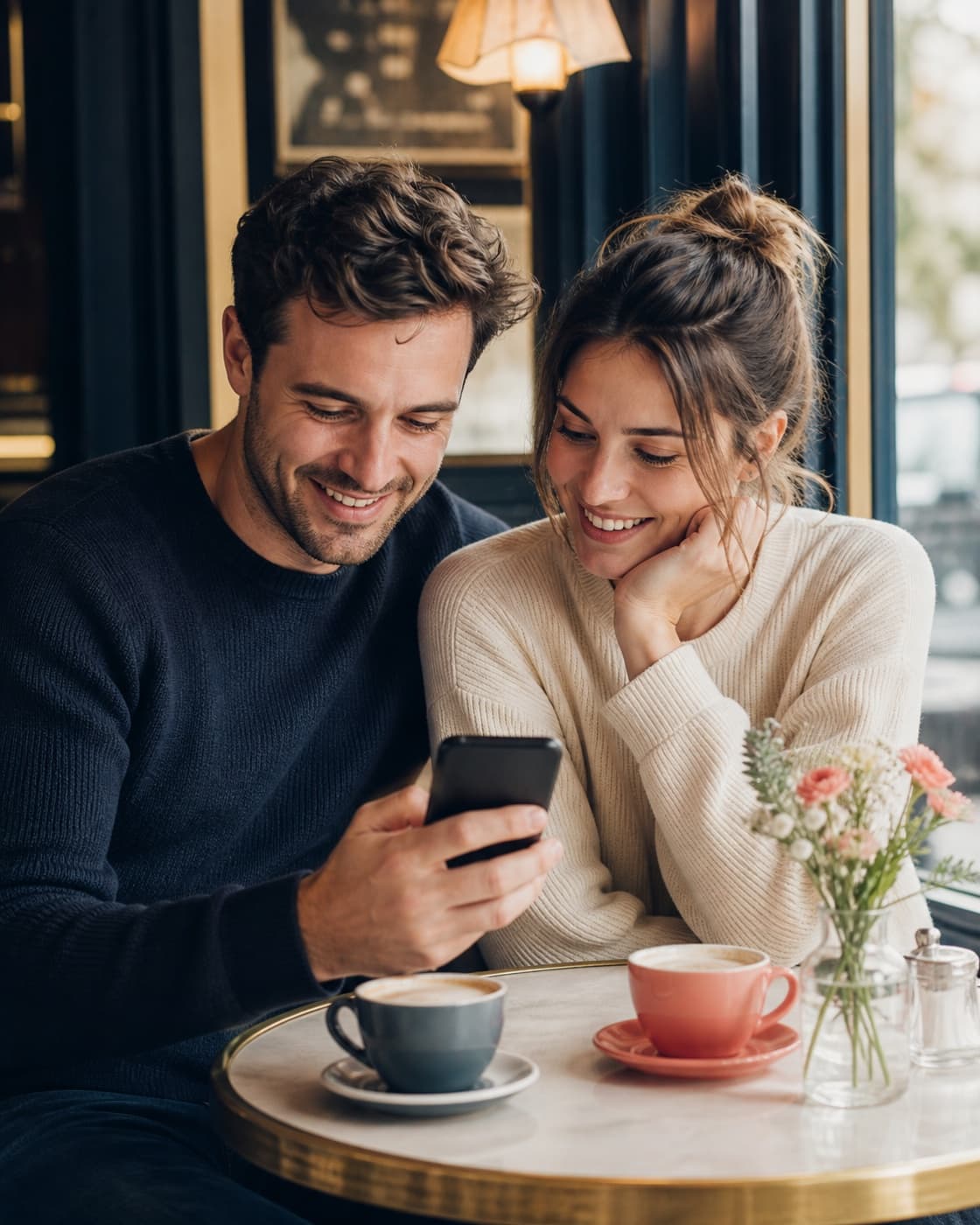 Jake and Alice choosing a date-night place together in a café