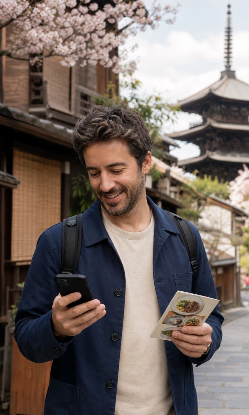 Mike checking a saved place while travelling near a temple in Japan